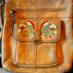 Boho Embroidered Brown Faux Leather Crossbody Bag Purse